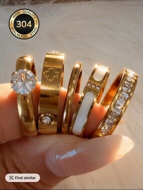 Gold Stainless Steel Women's Ring Set with White Accents